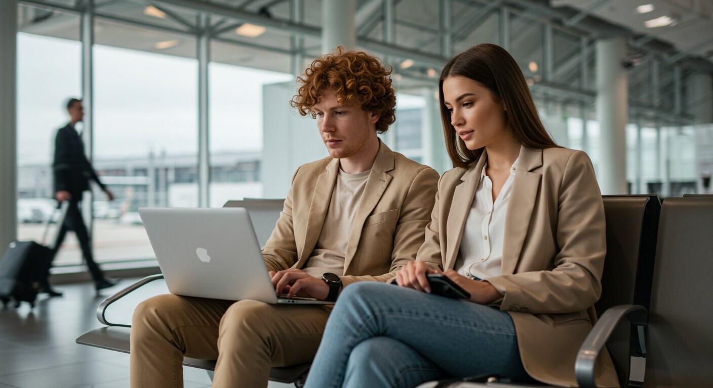 two people at the airport booking for a ride