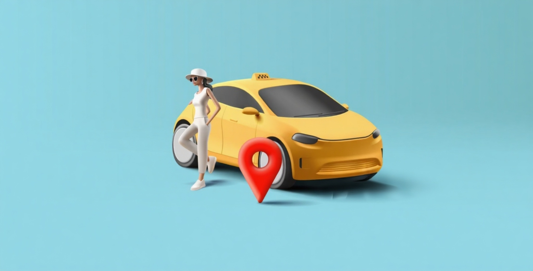 illustration for a woman next to a yellow taxi and a location pin